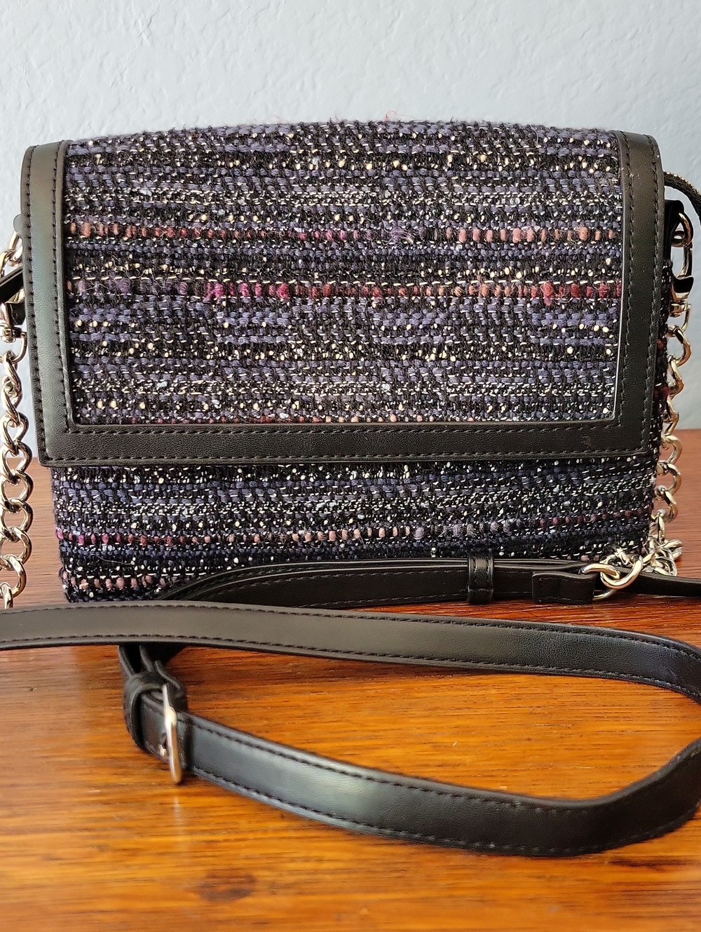 WHITE HOUSE BLACK MARKET Woven Tweed Crossbody Bag in Black and Multicolor